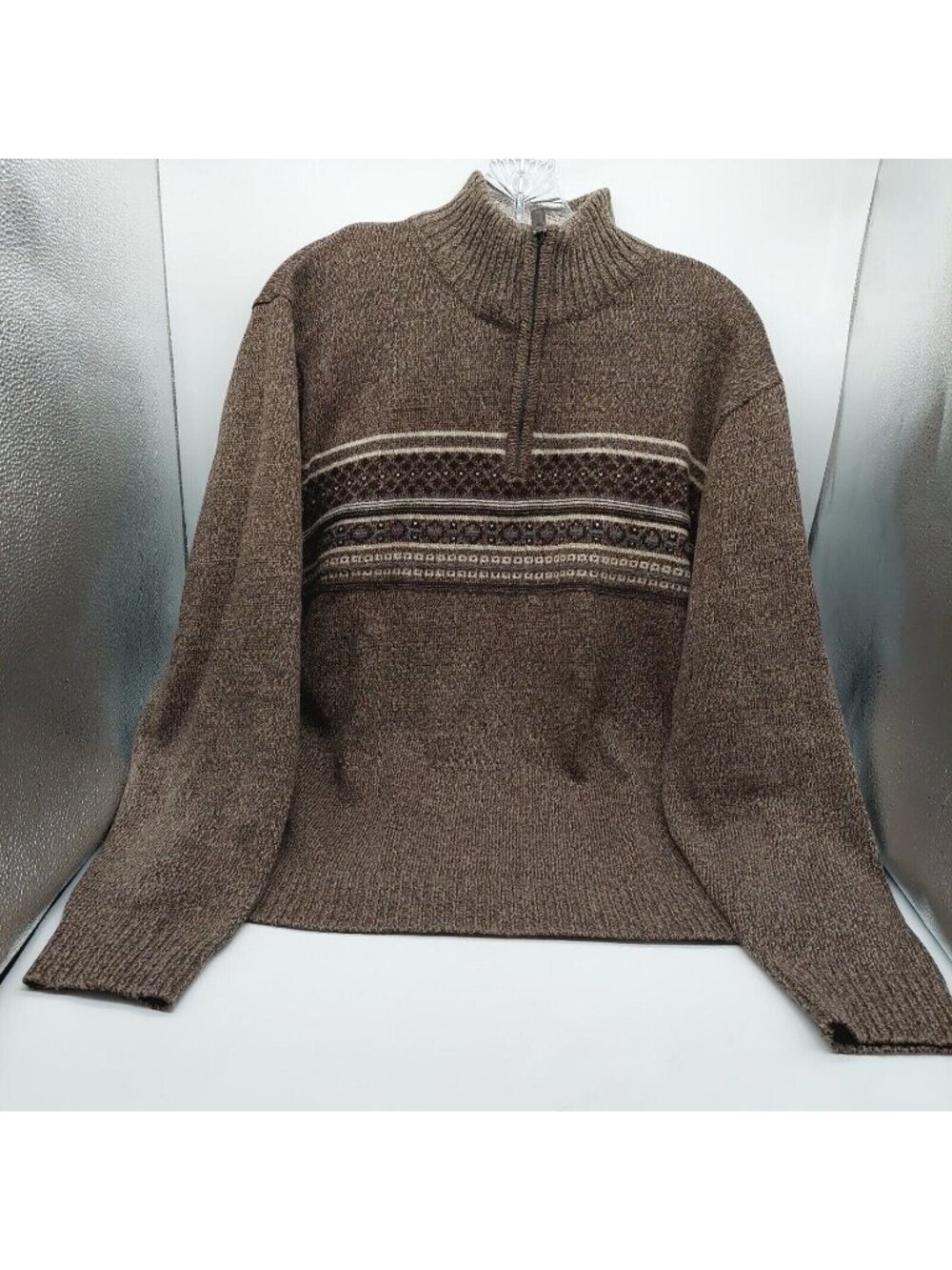 Oscar de la Renta Sweater Mens Size Large Mock Neck 1/4 Zip Brown Fair Isle
